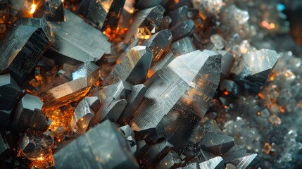 Poster - Unique mineral formations exhibit sharp crystal structures reflecting light, creating a captivating display in a natural environment filled with vivid textures.