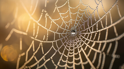 A spider web detailed with dewdrops, highlighted by golden light against a dark, bokeh-filled background, Generative AI