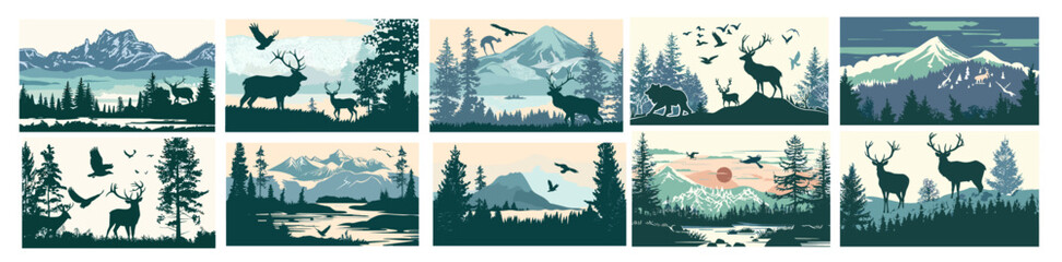 mountain wildlife silhouette labels, vector outdoor adventure, animal landscape forest, nature illus