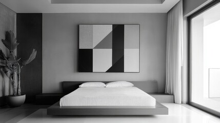 Poster - A stylish modern bedroom with a minimalist design, featuring a sleek platform bed, geometric artwork, and a clean, uncluttered space.