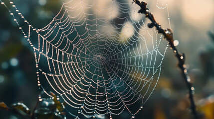 A glistening spider web strung between branches, set in a misty morning environment with soft lighting, Generative AI