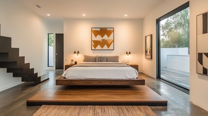 Poster - A stylish modern bedroom with a minimalist design, featuring a sleek platform bed, geometric artwork, and a clean, uncluttered space.