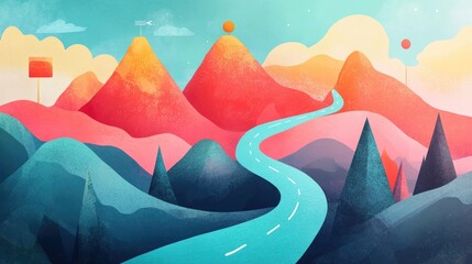 Poster - A visual representation of a goal-setting journey with a path marked by milestones and checkpoints, illustrating the process of reaching long-term goals.