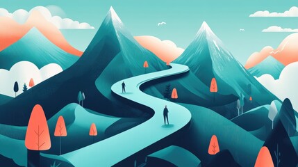 Poster - A visual representation of a goal-setting journey with a path marked by milestones and checkpoints, illustrating the process of reaching long-term goals.