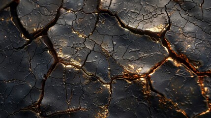 Leinwandbilder - A close up view reveals a unique cracked surface with intricate lines and golden highlights, illuminated gently by soft light, creating a stunning visual texture.