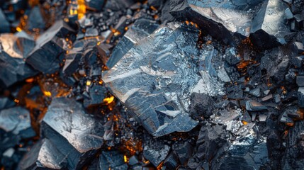 Poster - A collection of striking crystalline minerals is shown, featuring sharp angles and shiny surfaces, with warm light enhancing the natural beauty and complexity of the formations.
