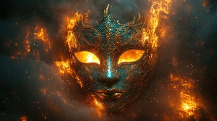 Canvas Print - Burning Venetian Mask in Smoky Flames