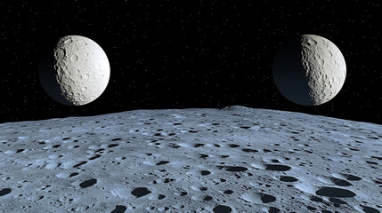 Wall Mural - Barren moonscape with many craters two moons hanging in starry space dark background.