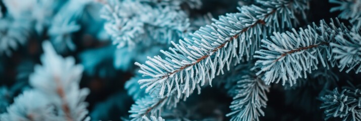 Poster - Close up of frosted pine branches covered with delicate snow and ice crystals, creating a serene winter wonderland scene with a beautiful, cold, and icy natural background