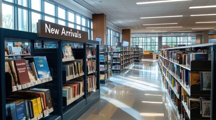 Poster - A library with a sign that says New Arrivals