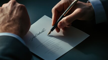 Poster - A man is writing on a piece of paper with a pen