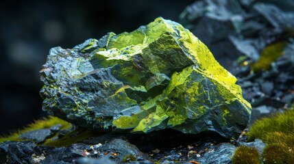 Aufkleber - A striking bright green mineral rests on a dark rocky surface. It is surrounded by lush moss in a natural setting during daylight, creating a vibrant contrast in the forest.