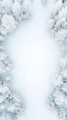 Poster - Aerial view of snow covered trees creating a natural frame around a pristine expanse of white snow, offering a serene winter landscape perfect for text or design