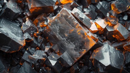 Fototapete - Geometric shapes of crystals glimmer under light, highlighting a mix of dark shades with bright orange tones, showcasing the beauty of natural mineral formations.