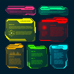 Poster - Futuristic HUD or UI elements. Sci-fi user interface text boxes, callouts. Colorful warning message frame, information boxes template. Modern game interface layout, digital style. Vector illustration