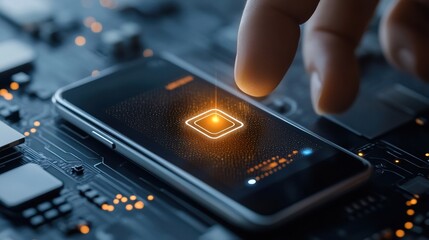 Leinwandbilder - A hand is pointing at a cell phone that is glowing with a square on it