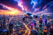© Four888 - Futuristic Aircraft Soaring Over Cyberpunk Cityscape - Surreal Aerial View