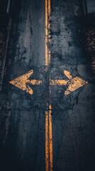 Poster - Two diverging yellow arrows painted on a cracked asphalt road represent a difficult choice or decision, symbolizing the concept of choosing a way, direction, or career path