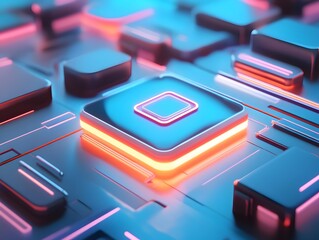 Poster - A captivating close-up of a futuristic circuit board, illuminated with vibrant electric blue and orange lights. The design embodies modern technology and innovative engineering.