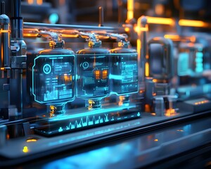 Poster - A captivating futuristic control panel featuring glowing holographic displays and intricate pipes