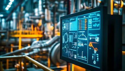 Fototapete - a close-up of an industrial control screen displaying various data metrics and graphs, showcasing ad