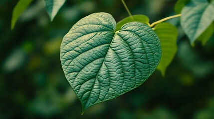 Canvas Print - Close-up of a heart-shaped leaf with prominent veins, exhibiting a rich, dark green hue against a blurred natural backdrop.