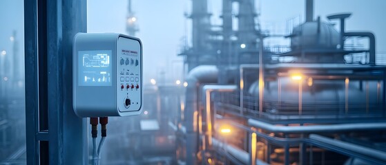 Poster - A close-up of modern industrial equipment in a factory setting, showcasing advanced technology and machinery surrounded by pipelines and a foggy atmosphere.