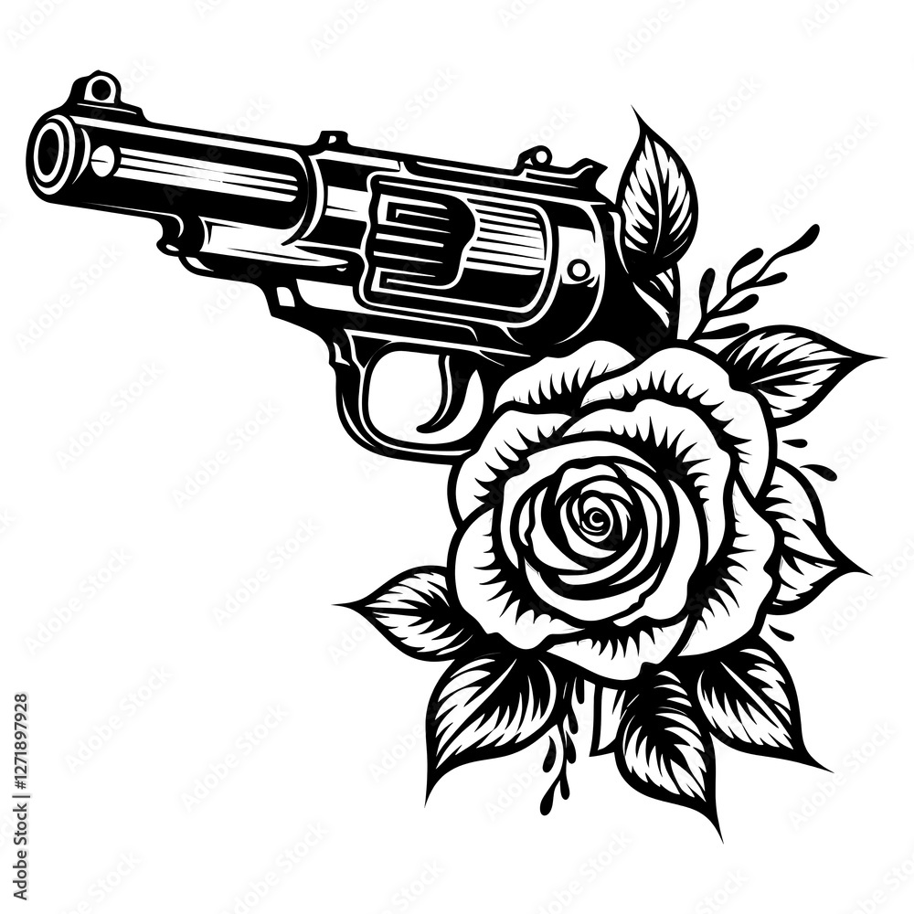Gun Engravings Roses PNG Gun and rose handgun pattern drawing. Stock Illustration | Adobe Stock