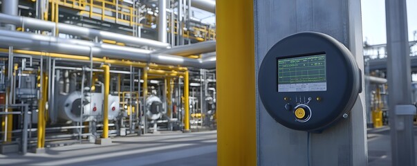 Poster - a close-up view of a digital control panel in an industrial setting, showcasing complex piping and m