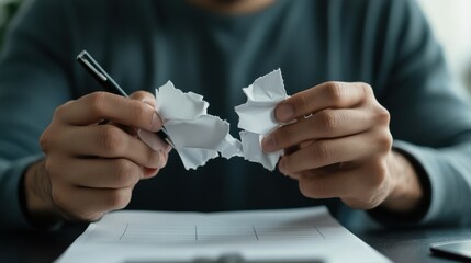 Aufkleber - A man is holding a pen and a piece of paper that is torn in half