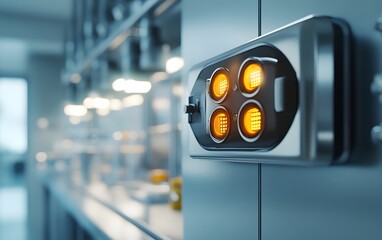 Poster - A close-up view of a modern control panel showcasing illuminated indicators in a sleek kitchen environment. This image highlights advanced technology in culinary settings.
