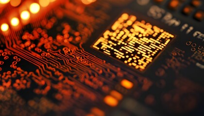 Poster - A close-up view of a vibrant orange circuit board showcasing intricate details of components. Ideal for technology-related projects and digital innovations.