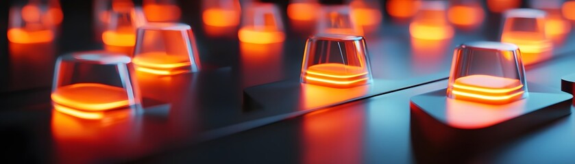 Poster - A close-up view of illuminated buttons on a control panel, showcasing vibrant orange lights. This image captures the essence of modern technology and intricate design.