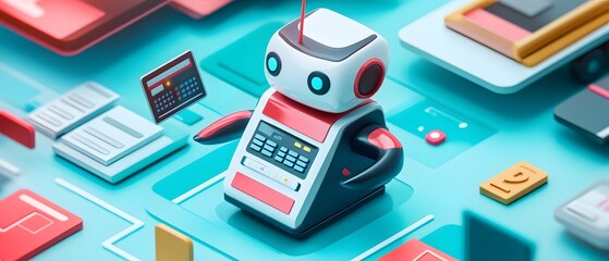 Poster - A colorful 3D illustration of a friendly robot interacting with digital devices, symbolizing modern technology.