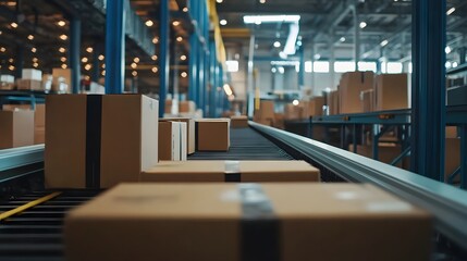 Poster - A conveyor belt transporting cardboard boxes in a modern warehouse setting.
