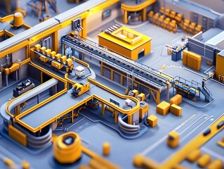 Poster - A detailed close-up of a modern industrial facility, showcasing conveyor belts, machinery, and storage areas in vibrant yellow and gray tones, ideal for illustrating manufacturing
