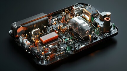 Poster - A detailed close-up of a sophisticated electronic circuit board featuring intricate components and illuminated elements, showcasing the complexity of modern technology.