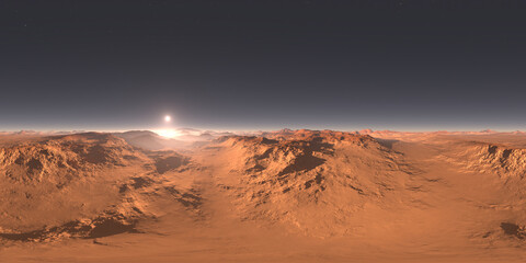 Wall Mural - 360 panorama of mars-like desert exoplanet sunset, environment map. equirectangular projection, sphe