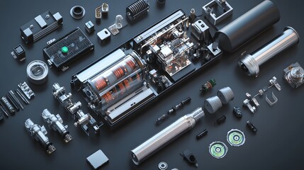 Poster - A detailed view of disassembled electronic components, showcasing intricate parts and engineering design