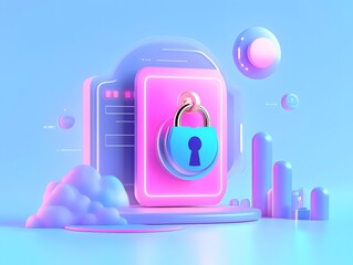 Poster - A digital lock symbolizing cybersecurity and data protection in a vibrant blue and pink backdrop. This illustration represents modern technology and encryption themes.
