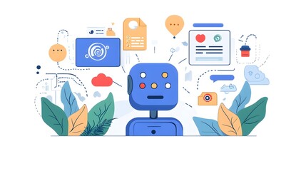 Poster - A digital illustration of a robot surrounded by various icons and elements representing artificial intelligence, data processing, and technology innovation in a vibrant, modern des
