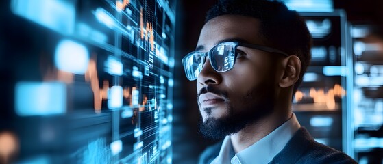 Poster - A focused young professional analyzing data on digital screens, showcasing modern technology and finance. His confidence highlights the importance of analytics in today's market.
