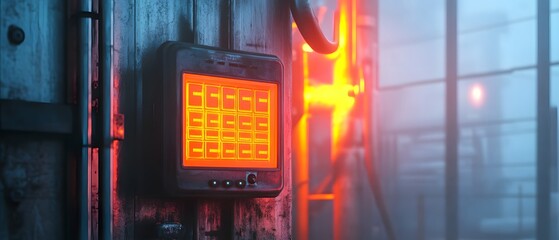Poster - a futuristic control panel glows with bright orange lights in a foggy, industrial setting, blending 