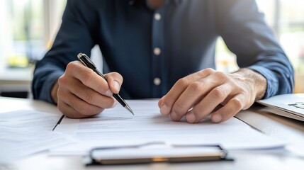 Poster - A man is writing with a pen on a piece of paper