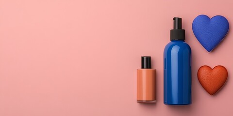Poster - Contemporary Chic Vibrant Beauty Product Flatlay with Textured Bottles and Hearts on Pastel - Trendy Visuals for Premium Beauty Branding and Digital Marketing