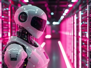 Poster - A futuristic robot stands in a high-tech data center, illuminated by vibrant pink lights