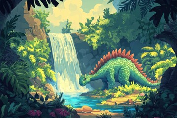 Wall Mural - Stegosaurus is walking near waterfall in prehistoric jungle landscape