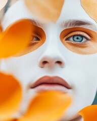 Aufkleber - Vibrant Carnival Makeup Close-Up Bold Orange Petals with White Face Paint for Cultural Artistry and Theatrical Performance Marketing in Modern Entertainment Spaces