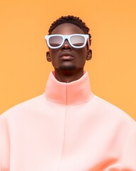Aufkleber - Urban Elegance Fashion Beige Jacket Against Orange Backdrop - Contemporary Street Style and Marketing Assets for Youth-Centric Branding, Modern Textural Visuals in Digital Campaigns