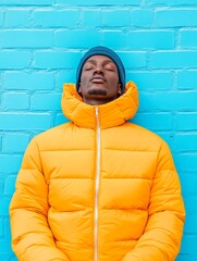 Aufkleber - Vibrant Urban Portrait Casual Streetwear in Orange Quilted Jacket on Blue Brick Wall - Modern Fashion Editorial and Youth Lifestyle Marketing for Diverse City Culture